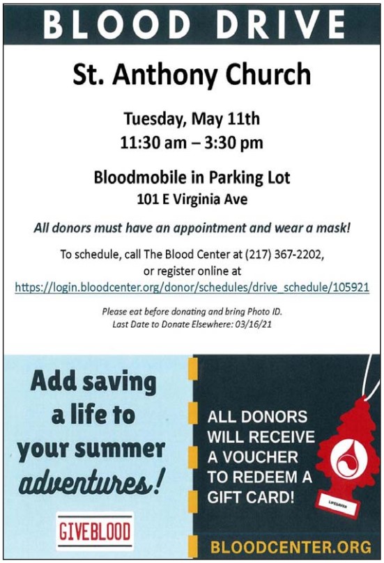 Tues may 11 blood drive