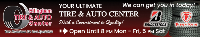 Effingham Tire and Auto Center - Your hometown car care specialists. Your ultimate tire and auto center with a commitment to quality! We can get you in today! Open until 8 p m Monday through Friday and 5 p m on Saturday.